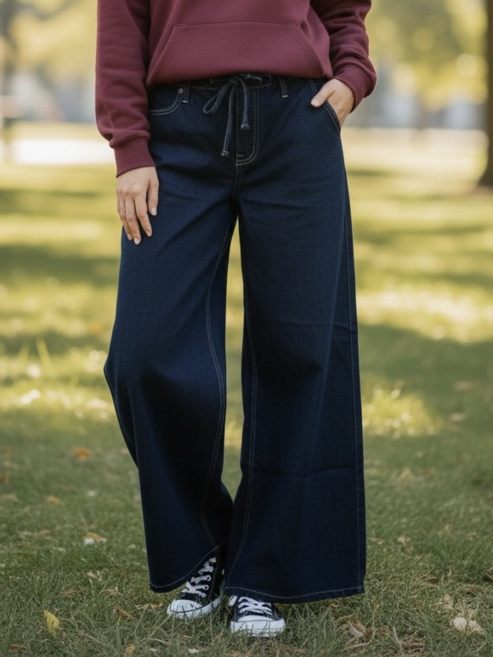 Wide Leg Drawstring Jeans in Dark Blue